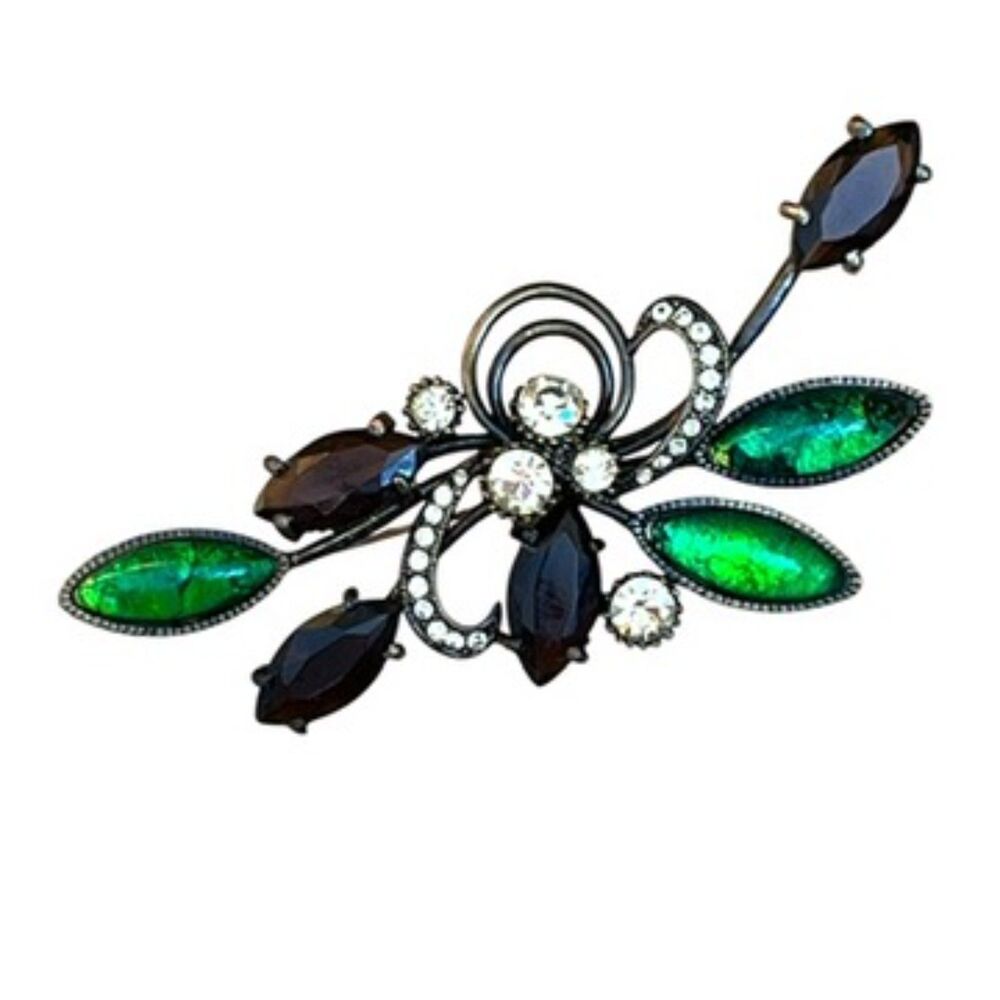 Vintage Joan Rivers Brooch Antique Brass Tone Green Brown Rhinestone Pin – 1W